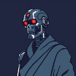 8 bit pixelart of a terminator like robot, synthwave, budist monk robe