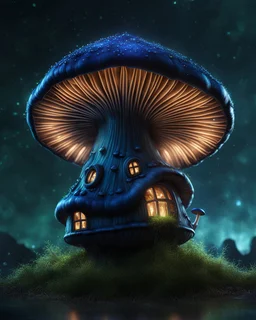 A solitary floating mushroom house on a clear night. silver and blue and green, Dark cosmic interstellar. Detailed Matte Painting, deep color, fantastical, intricate detail, splash screen, hyperdetailed, insane depth, concept art, 8k resolution, trending on Artstation, Unreal Engine 5, color depth, backlit, splash art, dramatic, High Quality Whimsical Fun Imaginative Bubbly, perfect composition