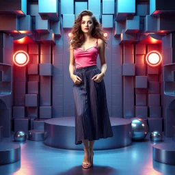 make a picture pretty stage made of metallic blue-gray teme 3d recursive cubic and sphere and cylinder base structures and a beautiful fashion model lady standing with cute in scene with sexy top and pretty pleated midi skirt ,makeup curvy long hair,dynamic camera zoom to full body and pan, dynamic lights.
