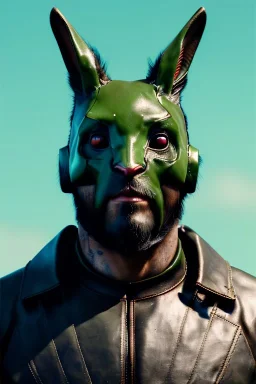 Medium Close Up Portrait, Front image. cyberpunk, rabbit mask, strong man, long hair and beard. latex suit army. Green, black, color. camouflage style. Color background, photo studio. highly detailed, concept art, smooth, unreal engine 5, ray tracing, RTX, lumen lighting, ultra detail, volumetric lighting, 3d, finely drawn, high definition, high resolution.