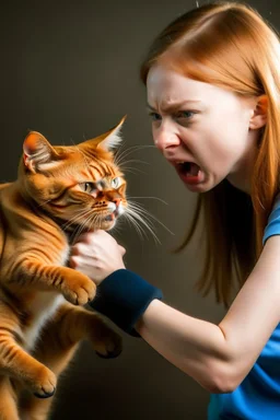 tabby cat punching a ginger girl in the face with boxing gloves