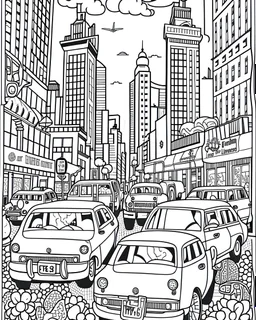 Craft an appealing black and white coloring page inspired by the iconic yellow taxis, skillfully depicting them weaving through the lively streets of Manhattan. Remove the black background to create a delightful coloring experience suitable for both kids and adults.