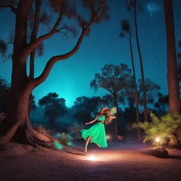 (crazy psychedelic high res 3D anaglyph photo by Ray Harryhausen) Night, stars in the sky, The good old druid pinning Giselle to the ground in a grove in Los Angeles, California, February 2019