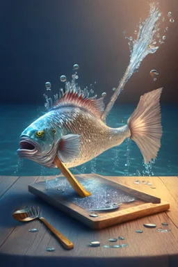 a 3d rendering of a beautiful genius fish with hands and fingers, down in the sparkly water, producing a wooden table and a big knife