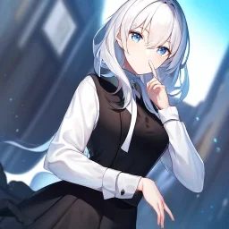 Clear focus, High resolution, Rough line, black medium length hair, long locks, sighing, hand on chin, wearing a black vest with a white tie, wearing a black skirt that connects to the black vest, white cut sleeves, black frills near shoulder, blue eyes