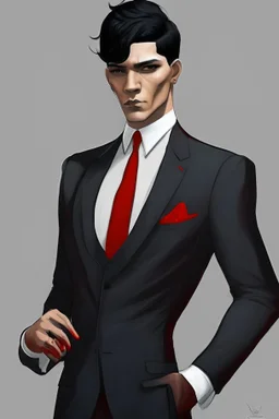 Realistic, red eyes, light skin, short black hair, red earring, suit and tie clothing, gloves on hand