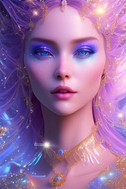 woman glitter blue fairy in a galactic ambiance, long blue hair, detailed gorgeous smile, delicate colors in the foreground, full of details, smooth, light effect，vaporwave colorful, smooth, extremely sharp detail, finely tuned detail, ultra high definition, 8 k, unreal engine 5, ultra sharp