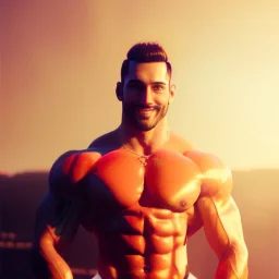 circus, ringleader, body builder, Arthur Kulkov, front, handsome, muscular, male, Russian, fantasy, anime, at dawn by atey ghailan, mystical colors, Golden hour, Lisa Frank fantasy