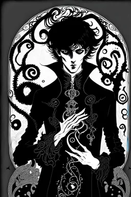 black haired young man necromancer wizard with gothic jewelry and tentacle fingers in the style of Aubrey Beardsley