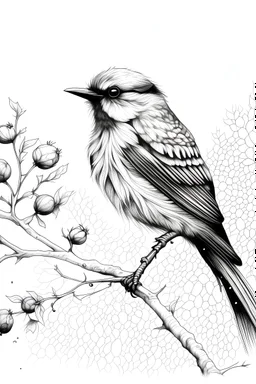 Ink drawing of small furry bird perched on a branch with clusters of round berries, snow falling, fine lines, minimalistic, realistic details, black and white, negative space,