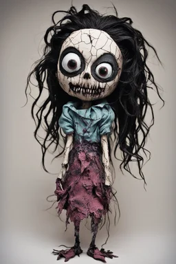 full color, illustration of a dark, menacing, monster girl, as a decayed, broken, crude homemade cloth doll toy, with a narrow cracked porcelain face, thick dark eyebrows, hair made from ragged strips of cloth, in the style of Alex Pardee, Tim Burton, and Nadya Sheremet