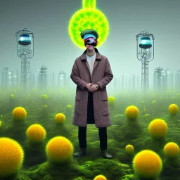 portrait of smiling scientist in coat, yellow mad hat ,cell towers overgrown with plants, autmn, mist, spotlights, spray paint art, book illustration, 4k, high detail