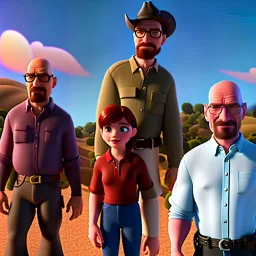 Walter White and his family at a trailer, 8k, realistic face, with a fedora, sunset background,