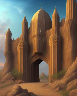 A gothic_arab gate with a view of a desert landscape