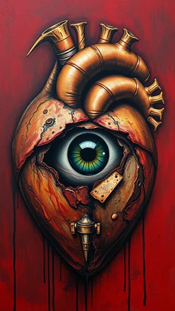 Bosch style painting , A black eye coming out of the middle of a rusty metallic open heart in details on red bloody background