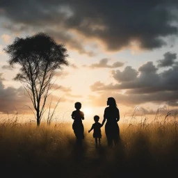 Hyper Realistic Photographic-Silhouette of a mother carrying her child at cloudy sunset in a field with tall grass & a thick-tree showing cinematic & dramatic ambiance