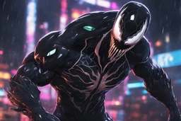 Venom machine in 8k solo leveling shadow artstyle, white fox them, close picture, rain, neon lights, intricate details, highly detailed, high details, detailed portrait, masterpiece,ultra detailed, ultra quality