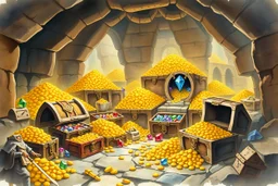 dnd, fantasy, watercolour, large strokes, stylistic, dungeon, piles of gold, chests full of gold, various gems, various riches, opulent, grandiose, large picture