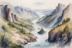 Fantasy watercolor painting of a large river valley in the distance with the river flowing left to right across the page. Rugged cliffs on one side of the river and wooded hills on the other side.