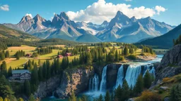 a picturesque natural landscape that includes majestic mountains and a serene countryside. Additionally, incorporate details about a stunning, large waterfall that enhances the beauty of the scene. The output should be structured as a narrative, painting a clear image with rich, descriptive language that evokes the sights and sounds of this beautiful environment.16 by 9