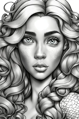 a drawing of ariel the mermaid, hyper realistic, lineart, inspired by disney,extremely high detail, black and white, detailed face, highly detailed background, black on white line art, detailed symmetrical face, full scene shot, princess portrait,coloring page, hachette style,no colors
