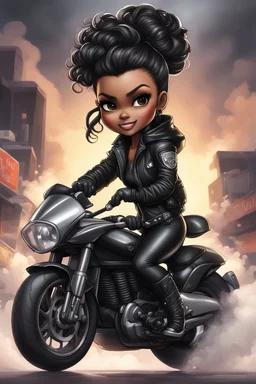 Create a digital airbrush illustration of a chibi cartoon full figure black female riding a sports motorcycle. She is wearing biker jacket and black tights with biker boots. Prominent make up with log lashes and hazel eyes. Extremely highly detailed black shiny wavy hair up in a messy bun. Background of smoke surrounding her and the bike and she's at a bike show.