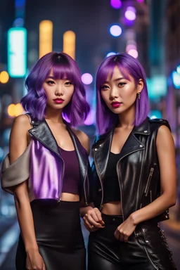 realistic photo from A stunning night scene featuring two Asian women with purple hair standing close to each other posing on the street at night . A cyber city street visible in the background. high detailed, night lights, sharp focus, blur background