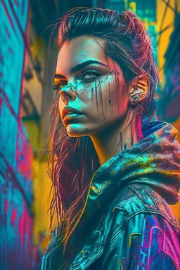 beautiful woman set against a gritty urban backdrop, The image should be highly detailed and intricate, with a sharp focus on the woman features, and a neon color palette that pops against the dark background, the style should be reminiscent of street art and urban culture, with exaggerated and stylized features that give the portrait a larger-than-life feel, trending on artstation and instagram, art inspirations include banksy, Shepard Fairey, and lady pink, set against a gritty urban backdrop,