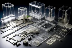 small transparent, plastic, rectangular bike light disassembled into recyclable parts scattered onto the floor