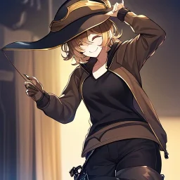 Clear focus, High resolution, short brown spiky hair, hair between eyes, eyes closed, wearing a brown detective hat, wearing a brown jacket and a black shirt, wearing black shorts, 1girl, pulling hat down, smiling, wearing a oversized hoodie