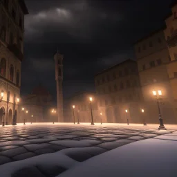 A very dark square in Florence in a stormy night. A cathedral dome in the background. Snow is covering the pavement. A black cat sitting under a streetlight. Unreal Engine. HDR. 8K.