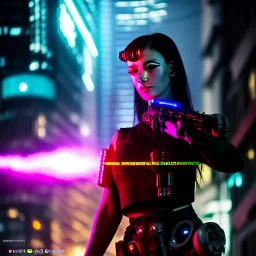 fullbody portrait,beautiful female Cyborg, Holding a scifi weapon aiming at viewer, intense stare, sad eyes, post-apocalyptic in a cyberpunk city, realistic, intriacte detail, sci-fi fantasy style, volumetric lighting, particles, highly detailed ,cinamatic , deep colours,8k, by Caravaggio