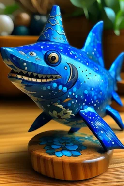 A blue water elemental shark designed in Matryoshka dolls painted by Georges Seurat