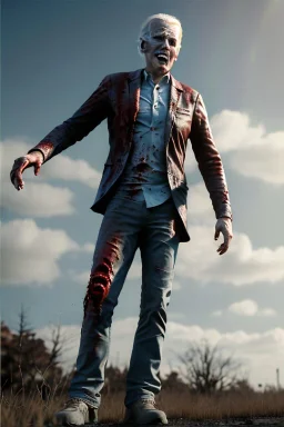 Ultra realistic image, joe biden zombie, zombie performance, blood, torn arm, night, walking twisted, waist up view, dark ambient, highly detailed, sky background, concept art, unreal engine 5, god rays, ray tracing, RTX, lumen lighting, ultra detail, volumetric lighting, 3d, finely drawn, high definition, high resolution.