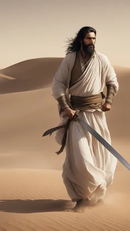 A picture of a man, in the desert, in old Arab dress, protecting a group of people behind his back, with black hair, a light beard, and carrying a sword.