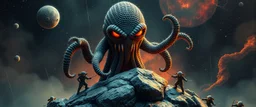horrible space mother cthulhu monster masked as a rock, scaring the knitted heroes