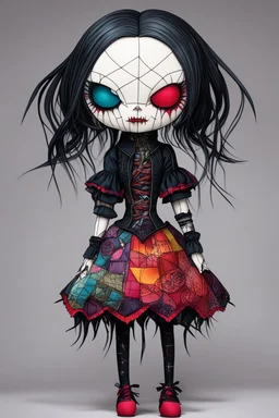 full color, full body illustration of a dark menacing goth vampire girl as a patchwork cloth doll toy, with contrast stitching across her patchwork face, art in the style of Alex Pardee, spirited away, studio ghibli, , 8k , finely detailed and precise line work,