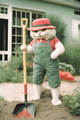 Portrait photo of an anthropomorphic farmer cat holding a shovel in a watermelon garden Kodak UltraMax 400 film photo