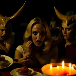 Horror movie shot, spooky, horns, hot, ultra realistic, dine, they enjoy and get excited, ashs, ultra realistic hot blonde women, party, extremely, pieces of organs, ail, dynamic, very excited people, 1970's, Dario Argento, hypermaximalist figures, light, Italian horror movie, sinister, ornate, 4k, photorealism