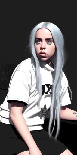 Billie Eilish, sitting on a chair, Black Short Dress, high detail, realistic