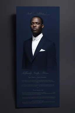 An extremely formal, funeral program for a black man on darkest blue deeply pigmented velvet paper with brilliant, brightest heavy white fonts, simple, minimalistic, less element, very dramatic lighting, detailed, white printers elements,