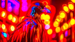 Capture a striking image of a crow dressed in a motorcycle leather coat amidst the vibrant glow of red and yellow Christmas lights. Embrace a photography style that seamlessly merges punk aesthetics with the festive ambiance. Ensure the composition reflects the edgy yet holiday-inspired fusion, creating a visually captivating scene that highlights the crow's unique attire against the backdrop of vivid Christmas lights.