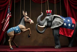 an evil puppetmaster forcing the democratic donkey to fight the republican elephant