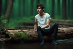 17 year old male with short dark hair and blue eyes wearing a ripped and dirty white teeshirt sitting on a log , photorealistic, 4k, dark fantasy