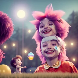 Ultra realistic circus scene. Sweet hair monster and Child’s playing, smile, happy, color bubbles, smooth color, waist up view, Wes Anderson style, dark ambient, highly detailed, concept art, unreal engine 5, god rays, ray tracing, RTX, lumen lighting, ultra detail, volumetric lighting, 3d, finely drawn, high definition, high resolution.