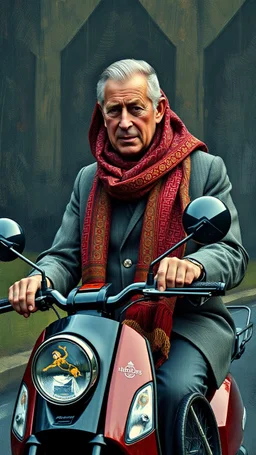 Hieronymus Bosch style , prince Charles wearing a an Arabic scarf on electric scooter 4k