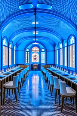 A restaurant with the outer shape of the walls in blue and a white floor. It contains one table in the middle of the restaurant, and the walls are oval in shape, containing 30 chairs.