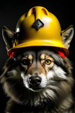 a picture of a mad wolf wearing a hard hat