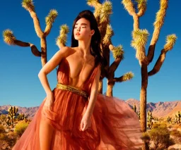 Isane pretty young woman "Top Model" in a stunning maximalist short transparent dark dress, vogue, 8k, ektar, joshua tree, fashion. golden hour cinematic, rebecca guay, frank frazetta.