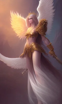 Female angel with beautiful perfect face big wings and golden crown floating above the ground in the dark enviroment, anatomically correct, michelangelo style, detailed, world of warcraft style, dark forest, trees, painting, brush strokes, 8k, dark forest in the background, epic scene, epic painting